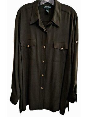 Lauren Ralph Lauren Women's 3X Long Sleeve Button Up Green Silk Blouse